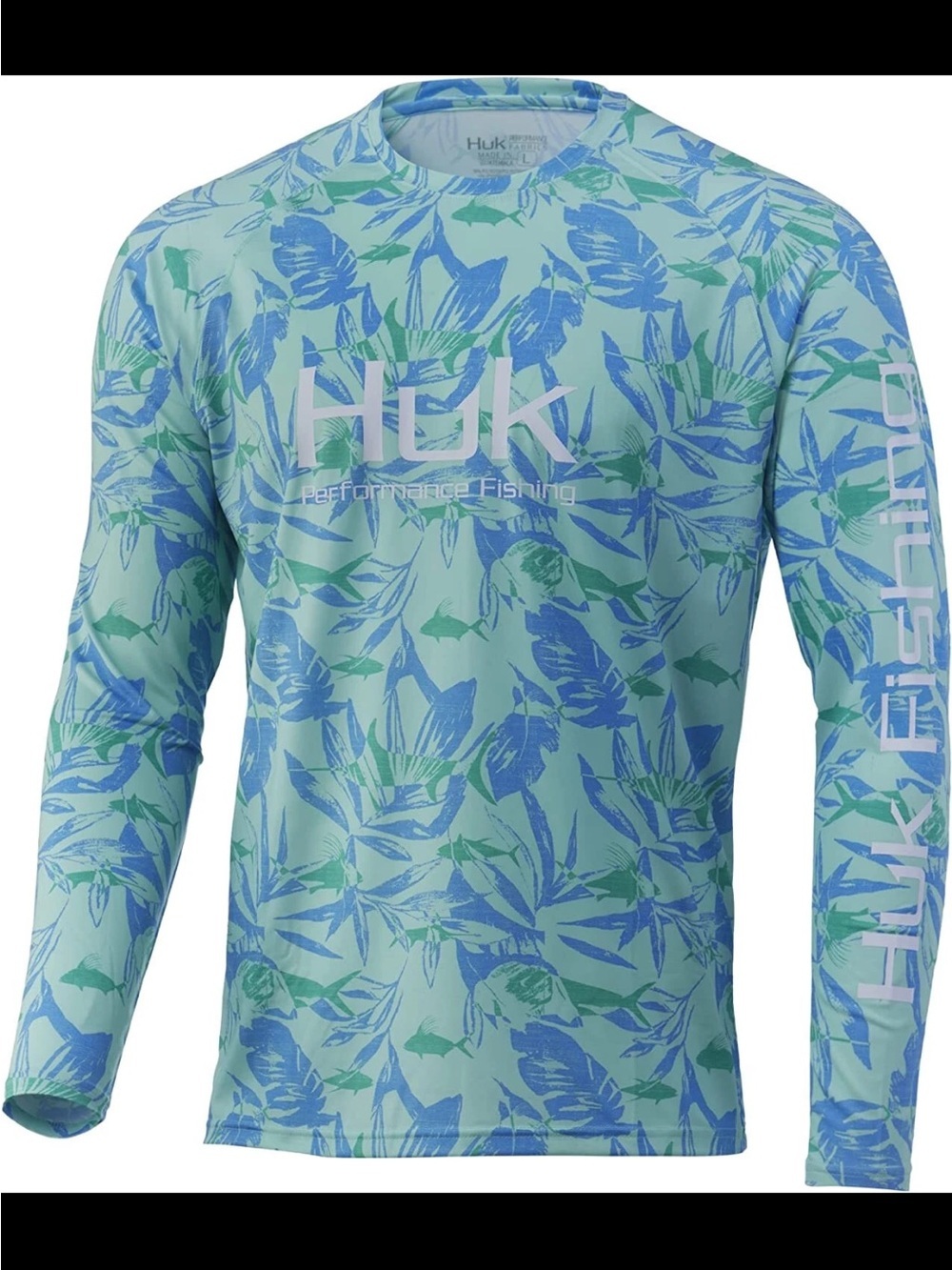 Huk Tropical Print Performance Shirt Ocean Palm Pursuit Fishing Crew UPF30+